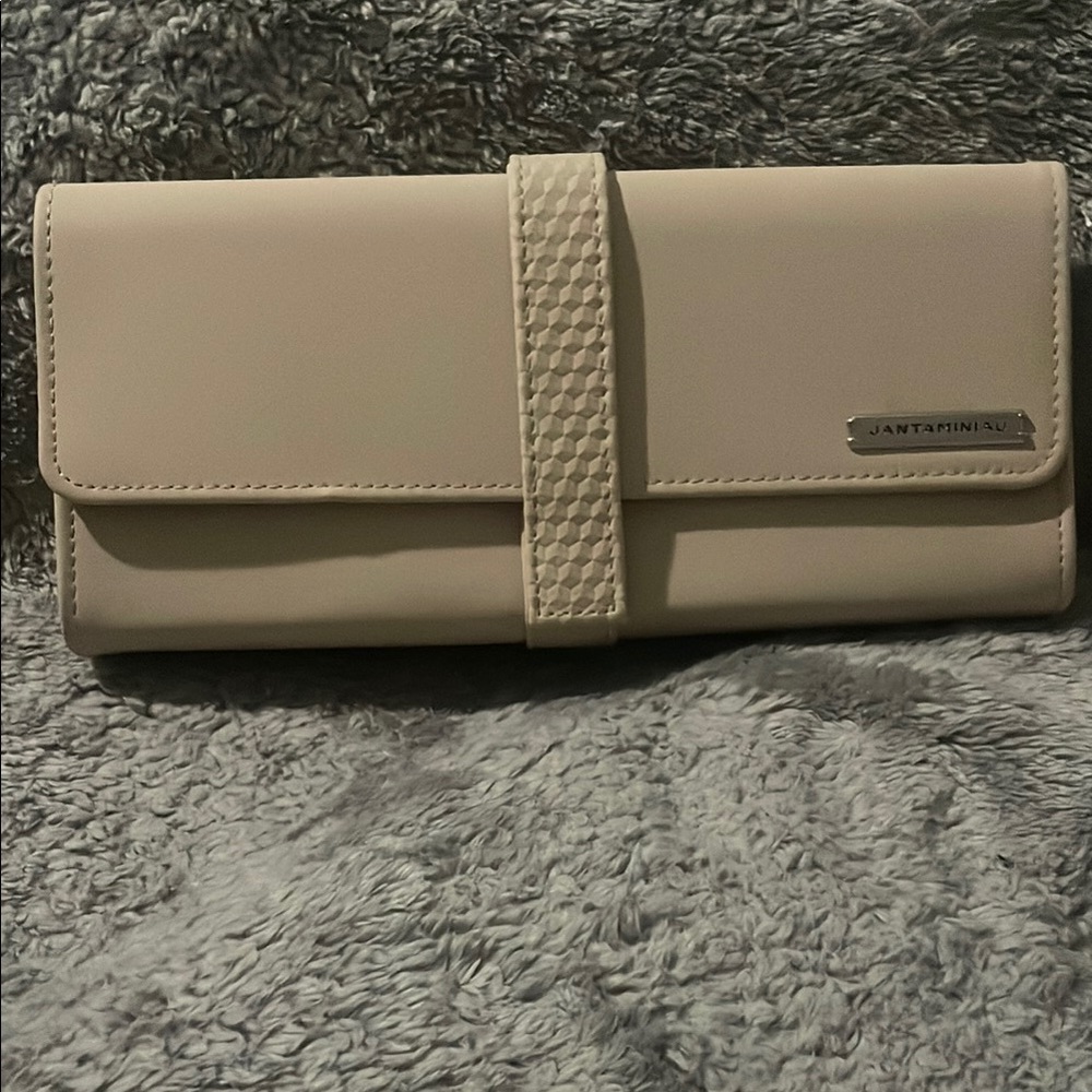 Cream Wallet with Textured Strip and Flap Closure
